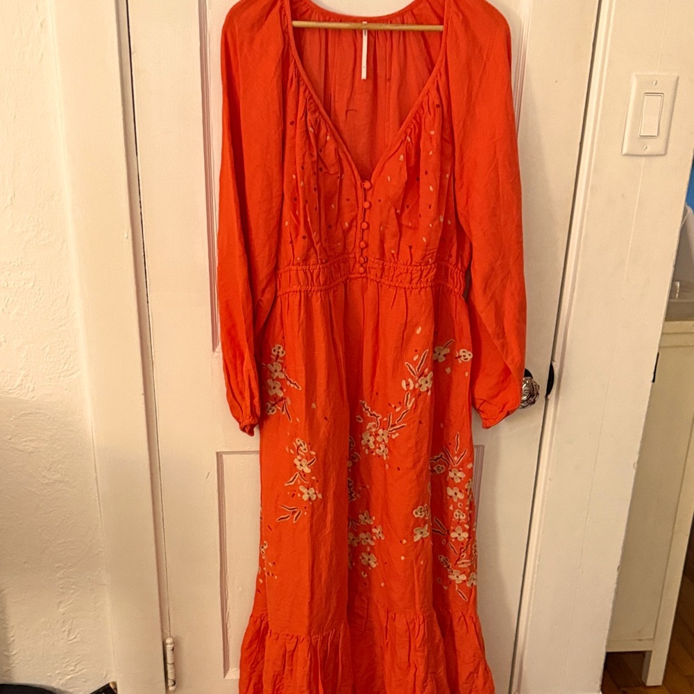 Anthropologie Orange Embroidered Boho Maxi Dress Large NWOT
